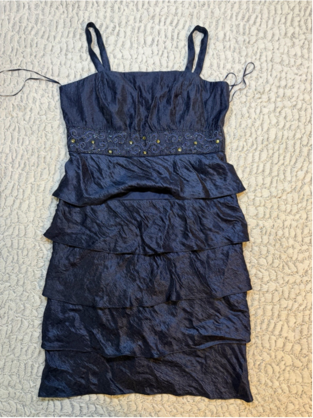 R&M Richards Blue Beaded Taffeta A-Line Dress Square Neck Zip Knee 14